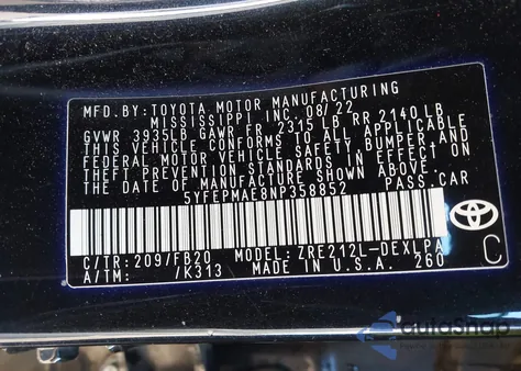 2022 Toyota Corolla Le из США, поврежденный, VIN 5YFEPMAE8NP358852